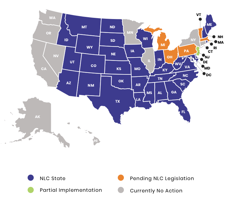 united states color coded with status of NLC cross state licensing status