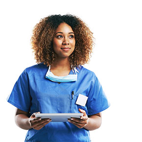 woman nurse holds ipad