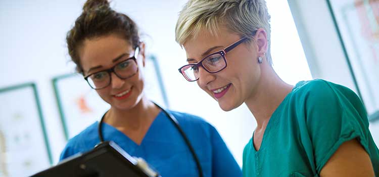 two nurses confer on patient vitals