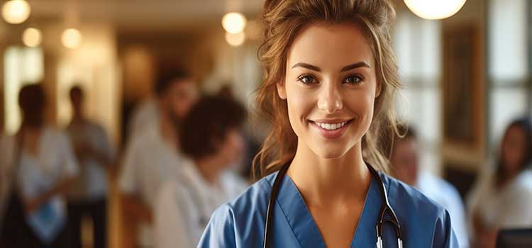 smiling nurse head shot in busy hospital corridor