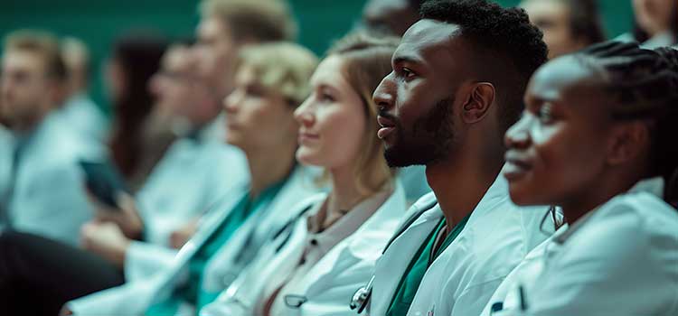 diverse group of nurses listening to continuing education seminar