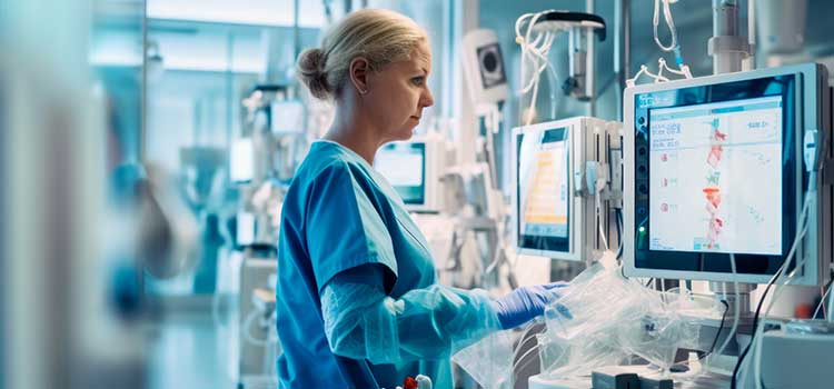 nurses readies theater for procedure and scans pc monitor