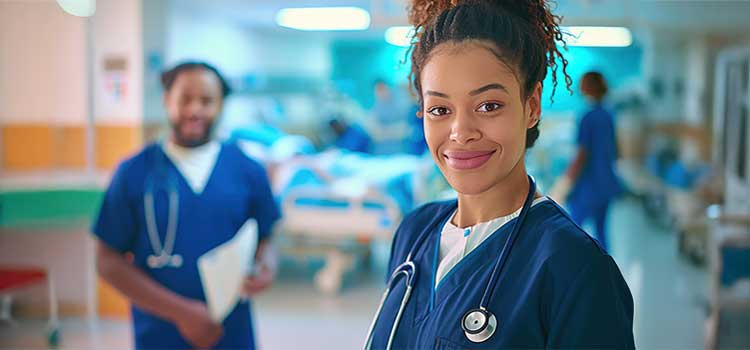 nurse stands in busy patient ward of new york hospital